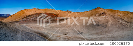 Panoramic over a hiking trail at Icelandic landscape of colorful volcanic caldera Askja, in the middle of volcanic desert in Highlands, with red, turquoise volcano soil and blue sky, Iceland. 100926370