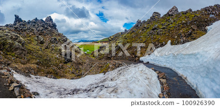 Panoramic Icelandic landscape of colorful rainbow volcanic Landmannalaugar mountains, at Laugavegur hiking trail with dramatic sky, colorful rhyolite volcano, campsite and lava fields in Iceland. Panoramic Icelandic landscape of colorful rainbow volcanic Landmannalaugar mountains, at Laugavegur hiking trail with dramatic sky, colorful rhyolite volcano, campsite and lava fields in Iceland. 100926390