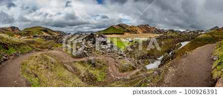 Panoramic Icelandic landscape of colorful rainbow volcanic Landmannalaugar mountains, at Laugavegur hiking trail with dramatic sky, colorful rhyolite volcano, campsite and lava fields in Iceland. Panoramic Icelandic landscape of colorful rainbow volcanic Landmannalaugar mountains, at Laugavegur hiking trail with dramatic sky, colorful rhyolite volcano, campsite and lava fields in Iceland. 100926391