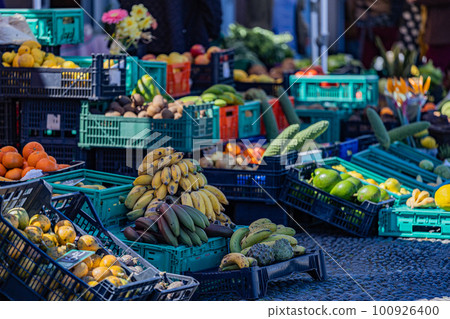 Fresh healthy bio fruits and vegetables on Santana market. Madeira, Portugal Fresh healthy bio fruits and vegetables on Santana market. Madeira, Portugal 100926400