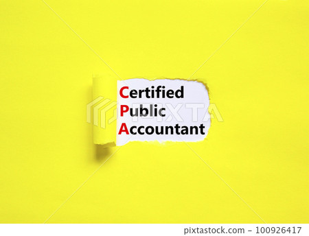 CPA certified public accountant symbol. Concept words CPA certified public accountant on white paper on a beautiful yellow background. Business and CPA certified public accountant concept. Copy space. CPA certified public accountant symbol. Concept words CPA certified public accountant on white paper on a beautiful yellow background. Business and CPA certified public accountant concept. Copy space. 100926417