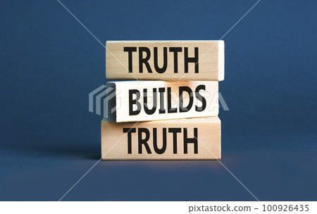 Truth builds trust symbol. Concept words Truth builds trust on wooden blocks on a beautiful grey table grey background. Business truth builds trust concept. Copy space. 100926435