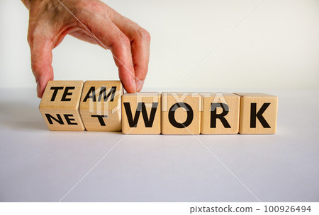 Male hand flips wooden cubes and changes the inscription 'network' to 'teamwork' or vice versa. Beautiful white background, copy space. Business concept. 100926494