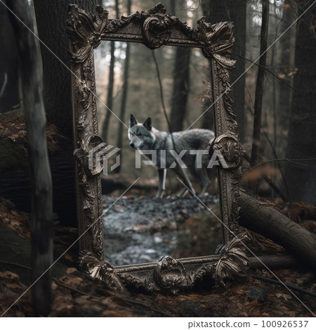 Mirror in a dense strange magical forest, reflection of a wolf in the mirror, horror landscape, witchcraft illustration, Mirror in a dense strange magical forest, reflection of a wolf in the mirror, horror landscape, witchcraft illustration, 100926537