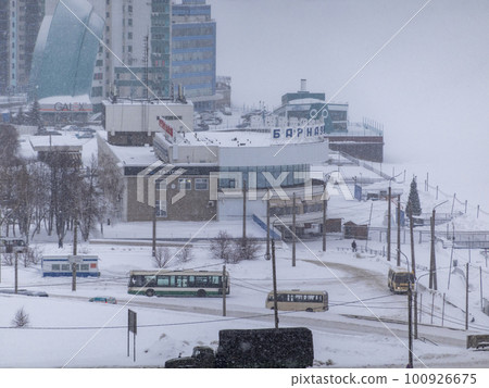 BARNAUL - JANUARY 21 the building of the river station in winter on the banks of the Ob River on January 21, 2018 in Barnaul, Russia BARNAUL - JANUARY 21 the building of the river station in winter on the banks of the Ob River on January 21, 2018 in Barnaul, Russia 100926675