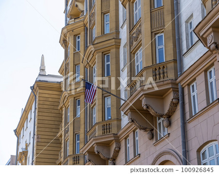 Wrapped around flagpole flag of the USA in Russia Moscow Wrapped around flagpole flag of the USA in Russia Moscow 100926845
