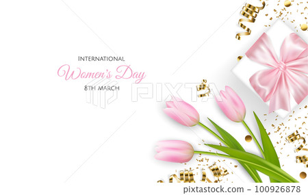 Happy Women s Day greeting card. Postcard for March 8. Pink Tulips with a gift 100926878