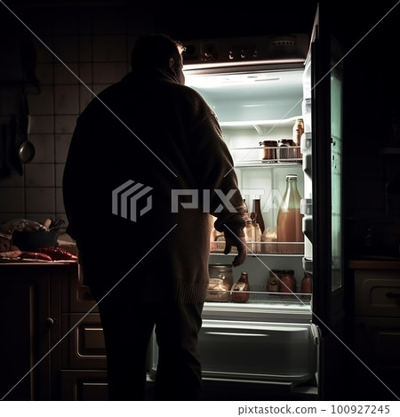 A fat man takes out food from the refrigerator at night, the concept of proper nutrition and a healthy lifestyle 100927245