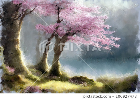 Spring landscape painting with blooming cherry Spring landscape painting with blooming cherry 100927478