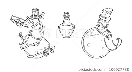 Potion bottles with magic poison. Alchemist bottles with tags. Sketch vector illustration 100927788
