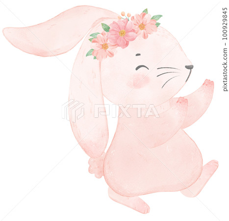 Adorable happy whimsical baby pink bunny rabbit with floral crown watercolour illustration Adorable happy whimsical baby pink bunny rabbit with floral crown watercolour illustration 100929845