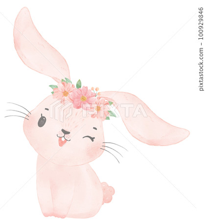 Adorable happy whimsical baby pink bunny rabbit with floral crown watercolour illustration Adorable happy whimsical baby pink bunny rabbit with floral crown watercolour illustration 100929846