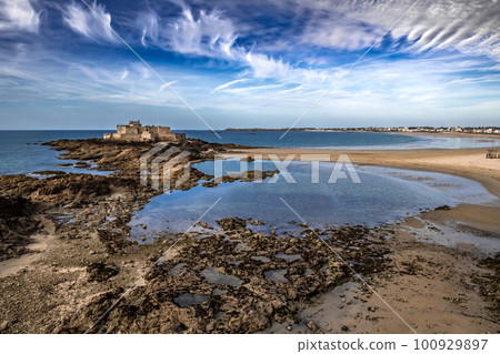Ancient City Saint-Malo And Fort Petit Be With Sand Beach In Brittany, France Ancient City Saint-Malo And Fort Petit Be With Sand Beach In Brittany, France 100929897