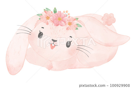 Adorable happy whimsical baby pink bunny rabbit with floral crown watercolour illustration Adorable happy whimsical baby pink bunny rabbit with floral crown watercolour illustration 100929908