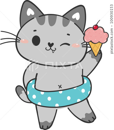 cute funny summer beach playful kitten cat in shorts cartoon animal hand drawing doodle 100930153