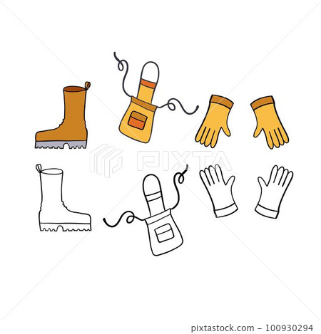 Vector illustration for your design. Colored and black line outline. Rubber boots, apron, rubber gloves. Garden set. Vector illustration for your design. Colored and black line outline. Rubber boots, apron, rubber gloves. Garden set. 100930294