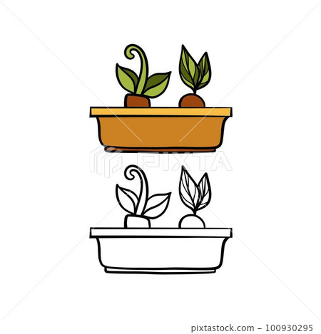 Vector illustration for your design. Colored and black line outline. Garden set. Flowerpot with seedlings. Vector illustration for your design. Colored and black line outline. Garden set. Flowerpot with seedlings. 100930295