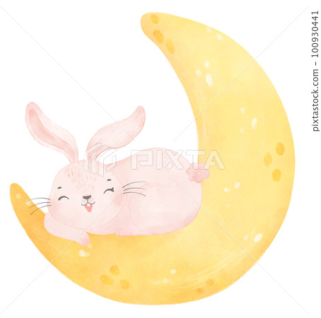 adorable whimsical baby pink bunny rabbit animal on the crescent moon phase soft watercolour adorable whimsical baby pink bunny rabbit animal on the crescent moon phase soft watercolour 100930441