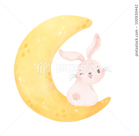 adorable whimsical baby pink bunny rabbit animal on the crescent moon phase soft watercolour adorable whimsical baby pink bunny rabbit animal on the crescent moon phase soft watercolour 100930442