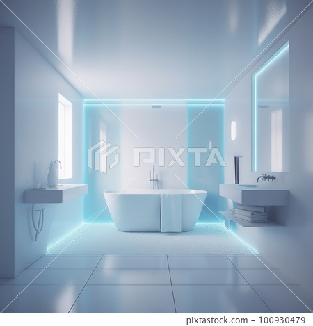 Minimal luxury white bathroom with blue led light. Stone floor, marble tile wall and modern big white bathtub. Generative AI 100930479