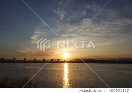 Morning sky with various clouds and reflected river surface Spring 230301am Morning sky with various clouds and reflected river surface Spring 230301am 100931137