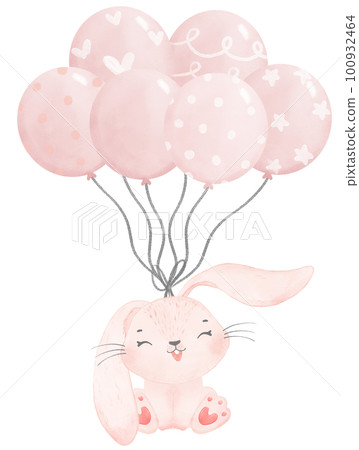 adorable whimsical happy baby pink bunny rabbit holding sweet party balloons watercolour children illustration  100932464