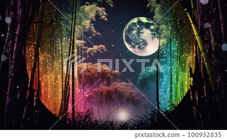 Full moon and bamboo shining in the night Full moon and bamboo shining in the night 100932835