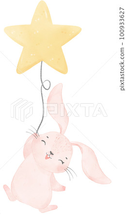 Adorable whimsical sweet happy baby pink bunny rabbit holding a star balloon children nursery watercolor hand painting 100933627