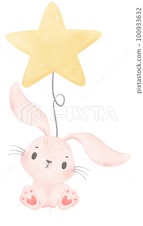 Adorable whimsical sweet happy baby pink bunny rabbit holding a star balloon children nursery watercolor hand painting Adorable whimsical sweet happy baby pink bunny rabbit holding a star balloon children nursery watercolor hand painting 100933632