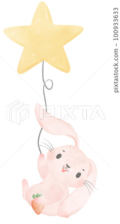 Adorable whimsical sweet happy baby pink bunny rabbit holding a star balloon children nursery watercolor hand painting Adorable whimsical sweet happy baby pink bunny rabbit holding a star balloon children nursery watercolor hand painting 100933633
