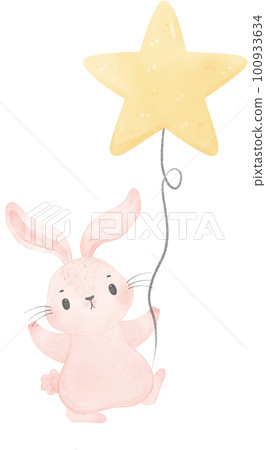 Adorable whimsical sweet happy baby pink bunny rabbit holding a star balloon children nursery watercolor hand painting 100933634
