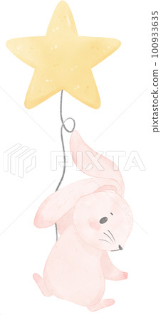 Adorable whimsical sweet happy baby pink bunny rabbit holding a star balloon children nursery watercolor hand painting Adorable whimsical sweet happy baby pink bunny rabbit holding a star balloon children nursery watercolor hand painting 100933635
