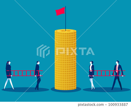 Business team climbs a ladder to get a flag atop a high pile coins. Business profit point vecto rillustration 100933887