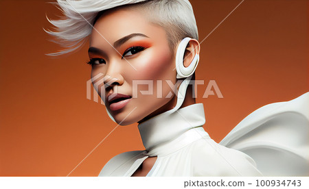 A woman listening to music with headphones (dance, DJ, musician, artist, Generative AI) 100934743