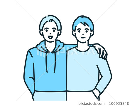 A friendly duo. A simple vector illustration material of a man smiling with his shoulders crossed. 100935848