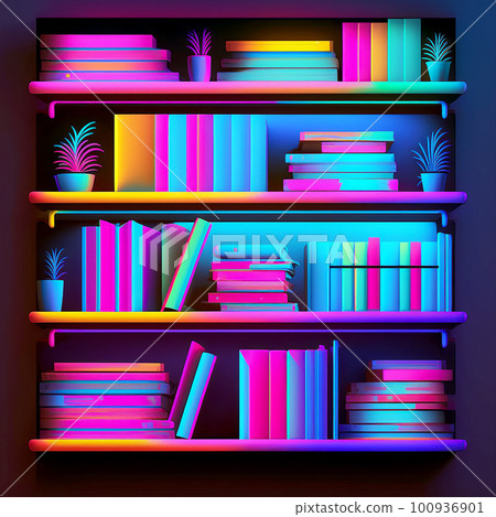 A neon-colored bookshelf with lots of books and houseplants A neon-colored bookshelf with lots of books and houseplants 100936901