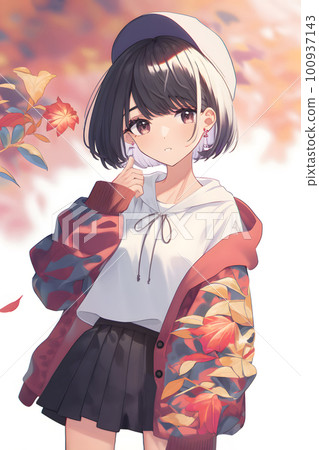 A young woman in the background of autumn leaves Anime-style illustration "AI-generated image" 100937143