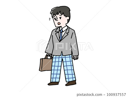 Illustration of a man half asleep wearing his pajamas under his suit, unable to wake up in the morning Illustration of a man half asleep wearing his pajamas under his suit, unable to wake up in the morning 100937557