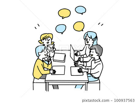 人們在團隊中開會交換意見的圖像插圖 100937563