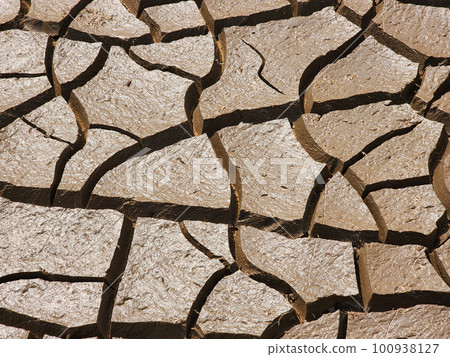 Dry and cracked soil or sediment of the treatment pond 100938127