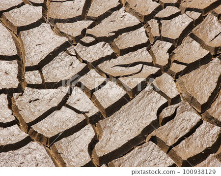Dry and cracked soil or sediment of the treatment pond 100938129