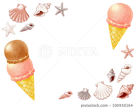 夏季冰淇淋和貝殼水平框架材料 100938164