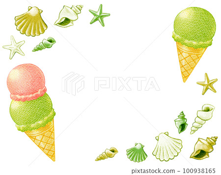 夏季冰淇淋和貝殼水平框架材料 100938165