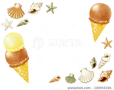 夏季冰淇淋和貝殼水平框架材料 100938166