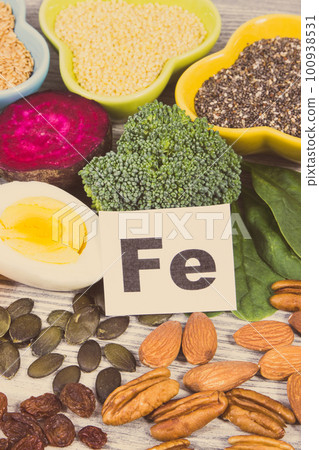 Healthy ingredients containing iron, vitamins and minerals. Best food in fight against anemia Healthy ingredients containing iron, vitamins and minerals. Best food in fight against anemia 100938531