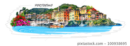 Collage about beautiful bay with colorful houses in Portofino, Liguria, at Italy Collage about beautiful bay with colorful houses in Portofino, Liguria, at Italy 100938695