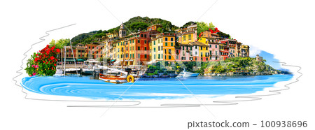 Collage about beautiful bay with colorful houses in Portofino, Liguria, at Italy 100938696