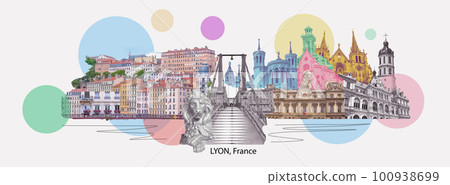 Lion, France - The view from river Sona to the bridge and Lyon city, France, Collage or art design Lion, France - The view from river Sona to the bridge and Lyon city, France, Collage or art design 100938699