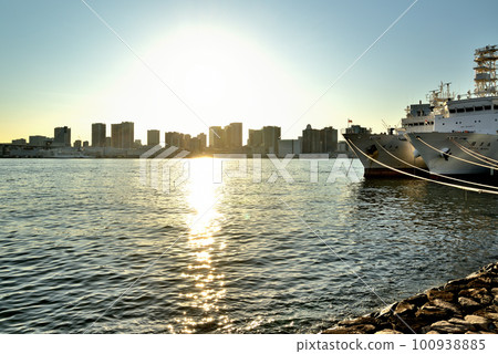 Harumi Wharf Park Sunset view of Kaiyo Maru ocean observation ship and training sailing ship Harumi Wharf Park Sunset view of Kaiyo Maru ocean observation ship and training sailing ship 100938885