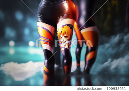 Thigh with tattooed anime image on a girl wearing black tight skimpy shorts, made with generative ai 100938931